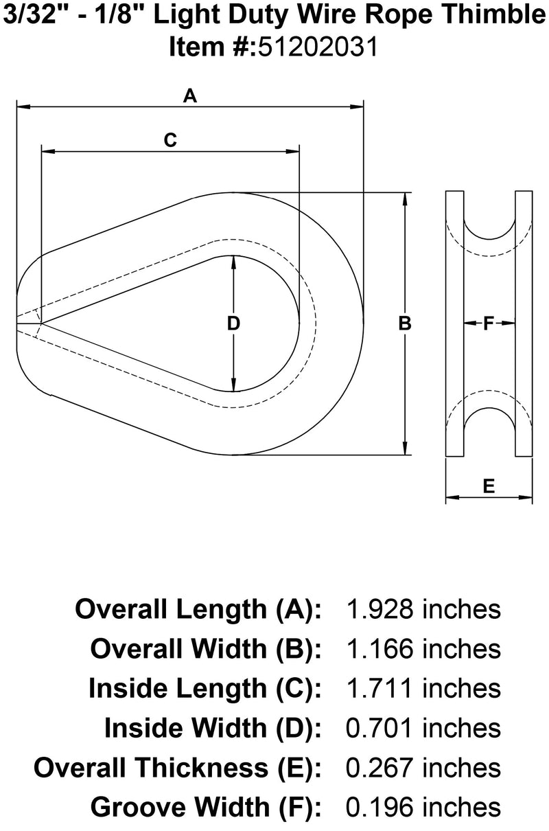 one eighth inch Light Duty Wire Rope Thimble specification diagram