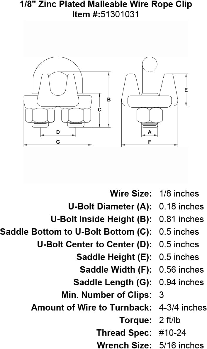 one eighth inch Malleable Wire Rope Clip specification diagram