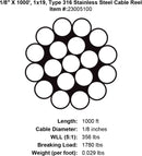 one eighth x 1000 foot 1 x 19 grade 316 stainless cable specification diagram