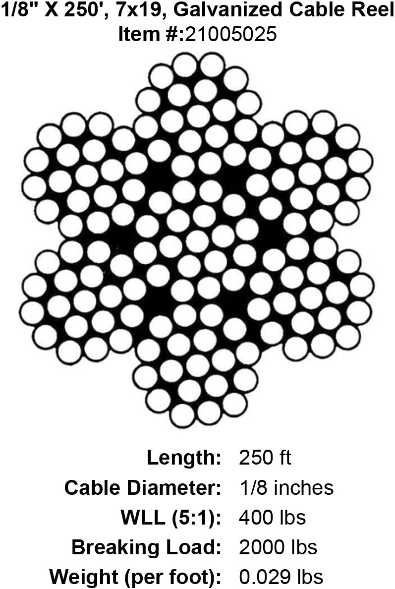 one eighth x 250 foot galvanized cable specification diagram