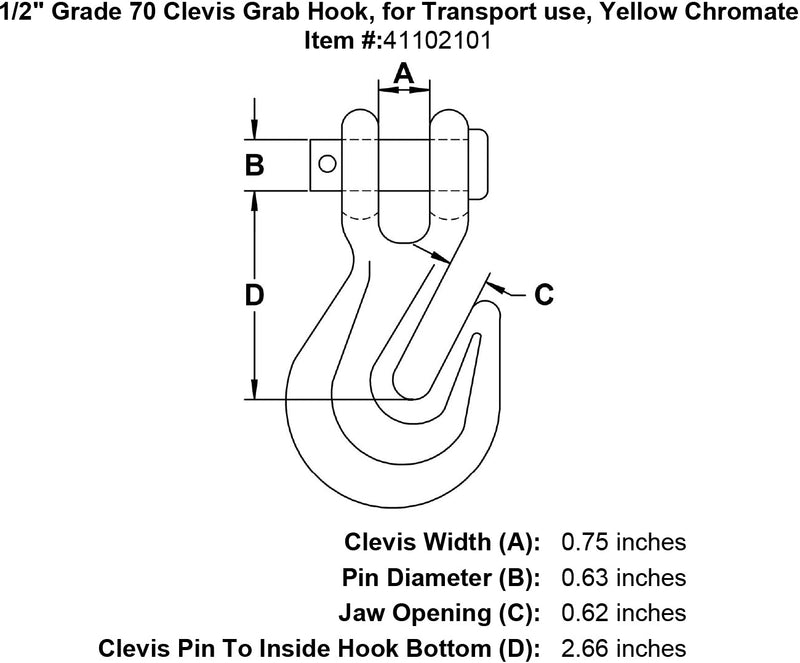 one half inch Grade 70 Clevis Grab Hook specification diagram