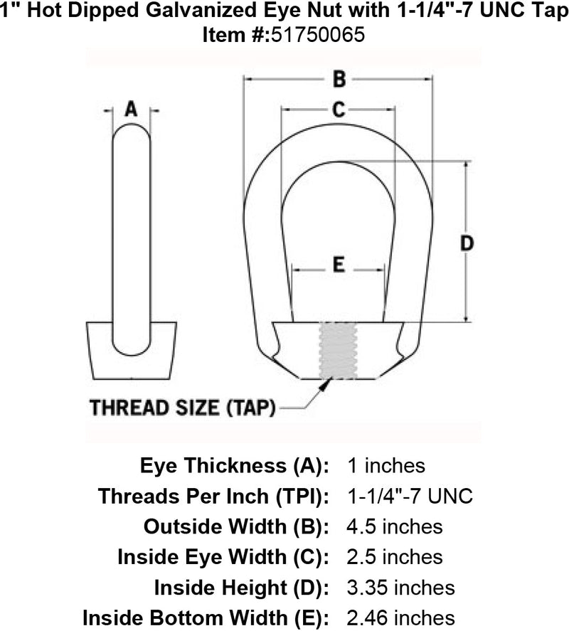 one inch eye nut specification diagram