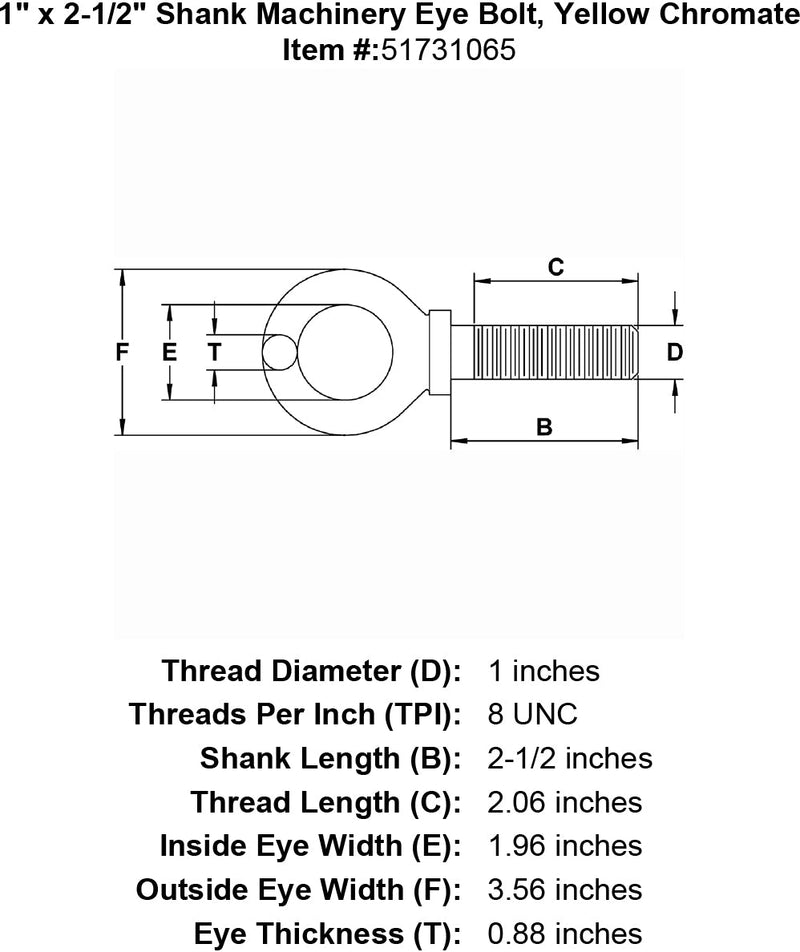 one inch machinery eye bolt yellow chromate specification diagram
