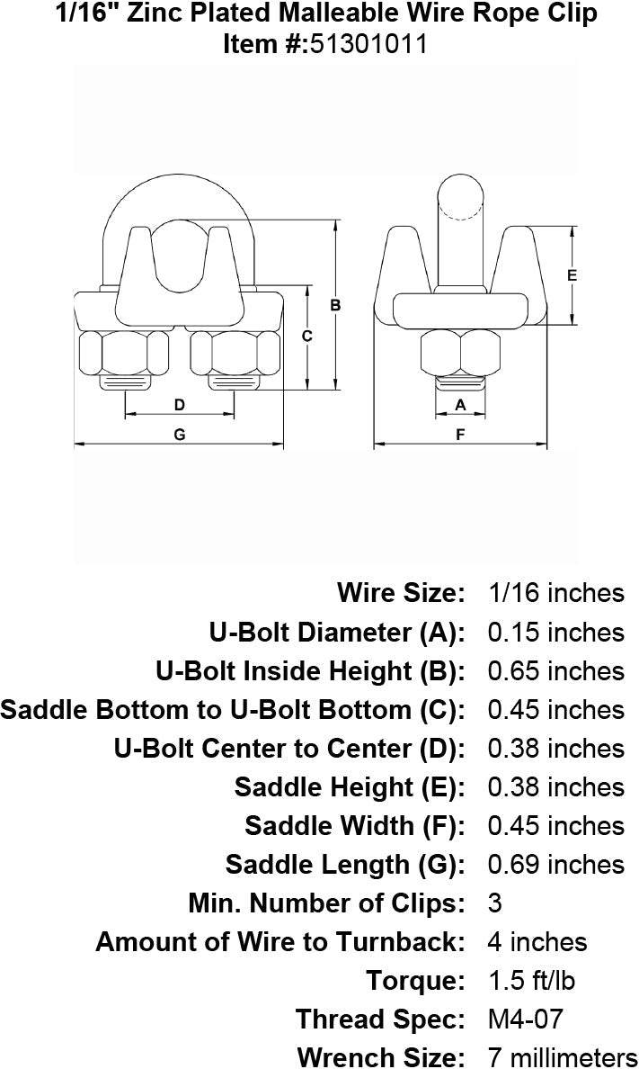 one sixteenth inch Malleable Wire Rope Clip specification diagram