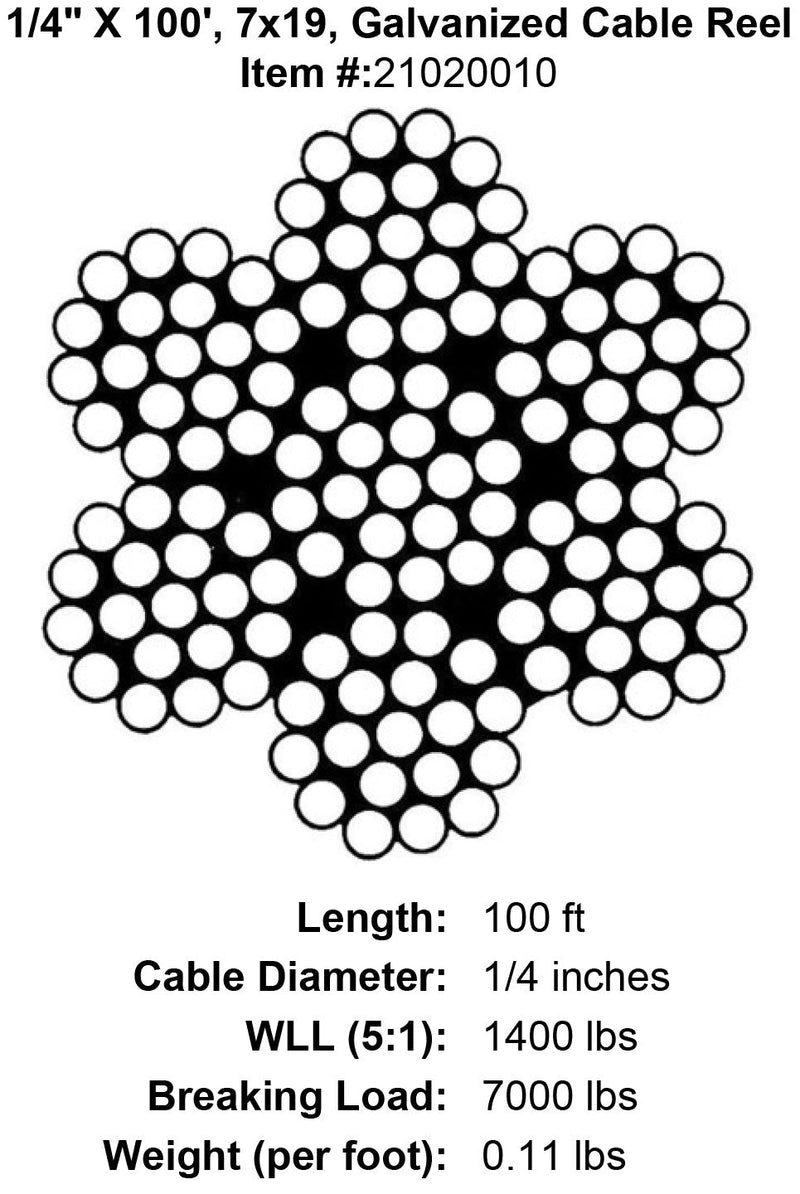 quarter X 100 foot Galvanized Cable specification diagram