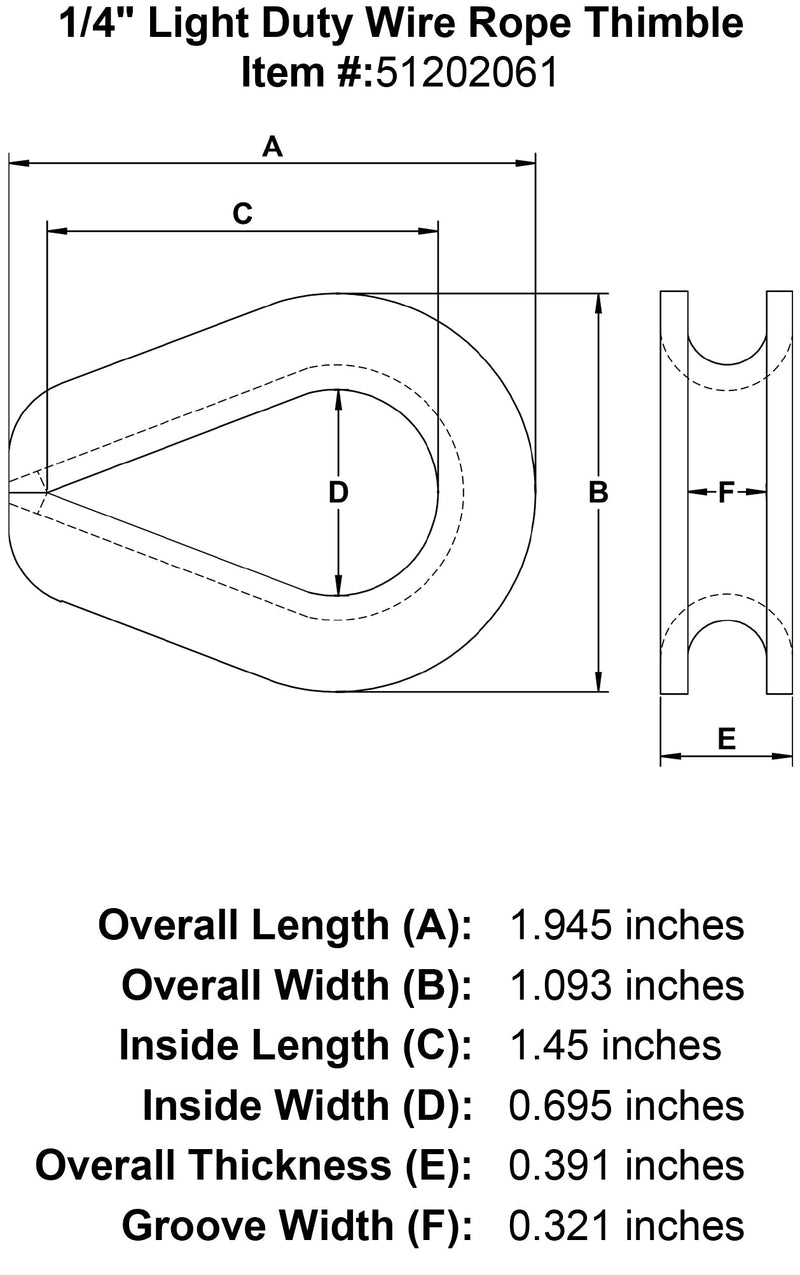 quarter inch Light Duty Wire Rope Thimble specification diagram