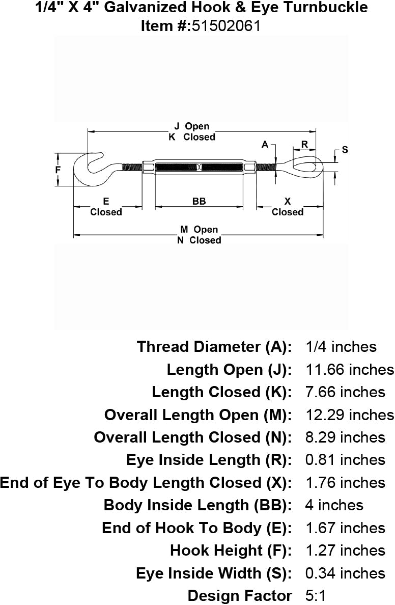 quarter inch X 4 inch Hook Eye Turnbuckle specification diagram