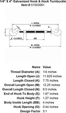 quarter inch X 4 inch Hook Hook Turnbuckle specification diagram