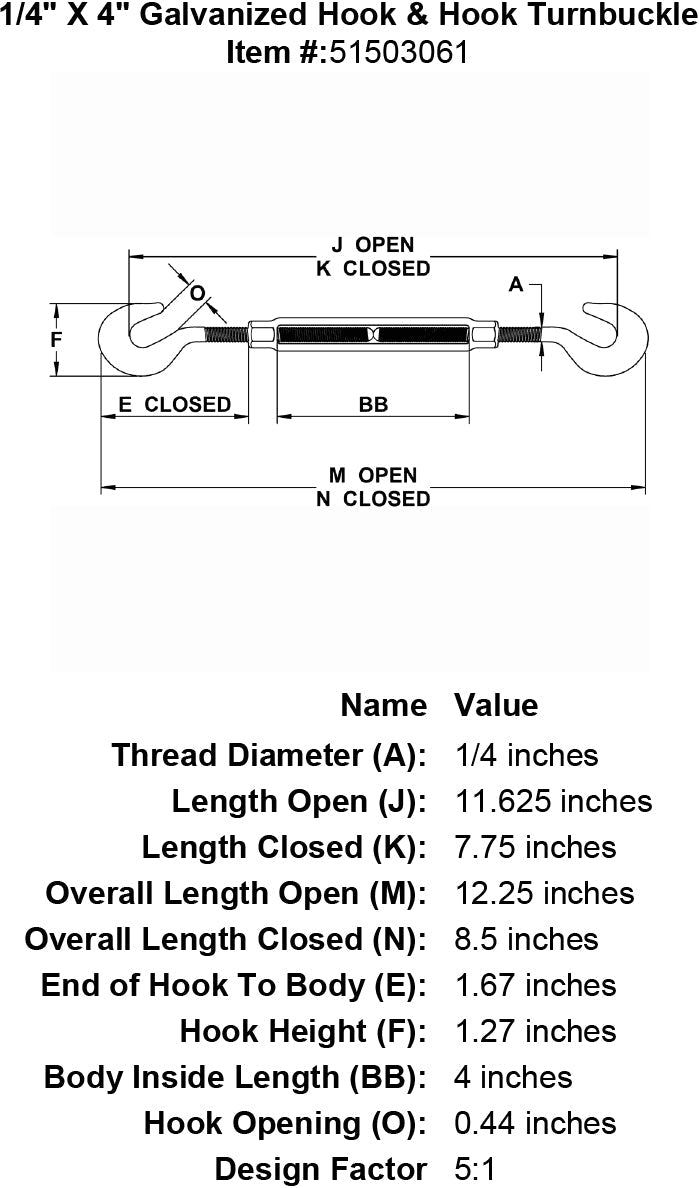 quarter inch X 4 inch Hook Hook Turnbuckle specification diagram