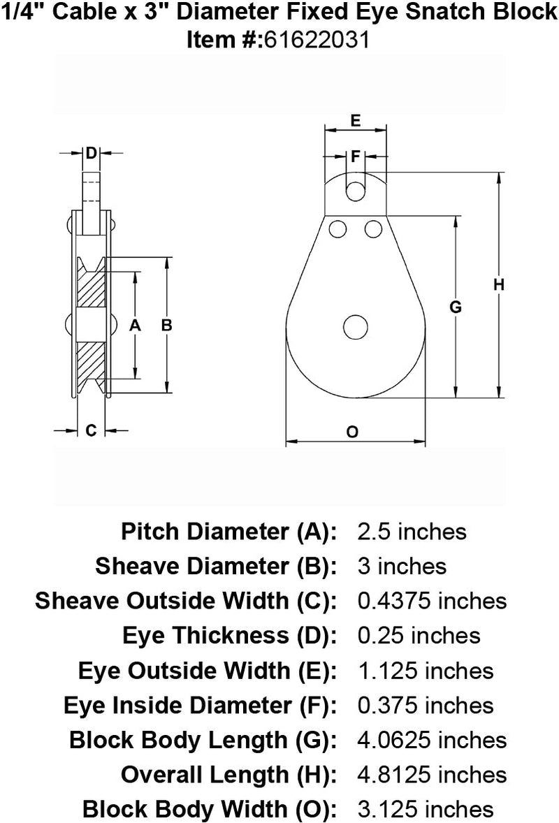 quarter inch hd fixed eye snatch block specification diagram