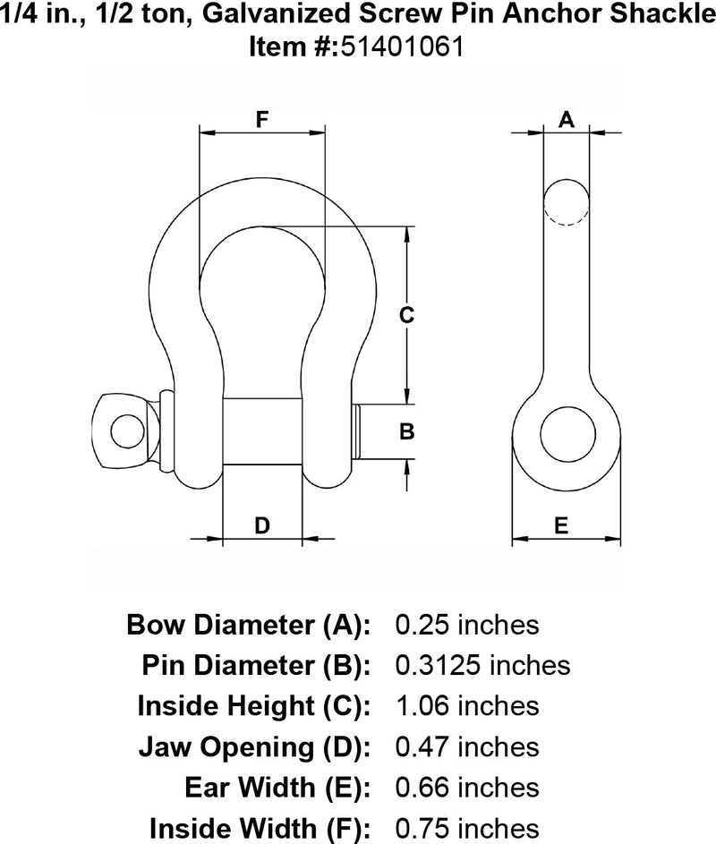 quarter inch screw pin shackle specification diagram