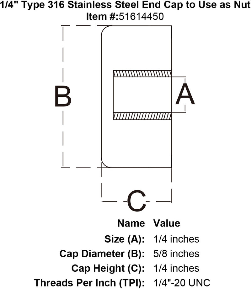 quarter inch stainless end cap specification diagram