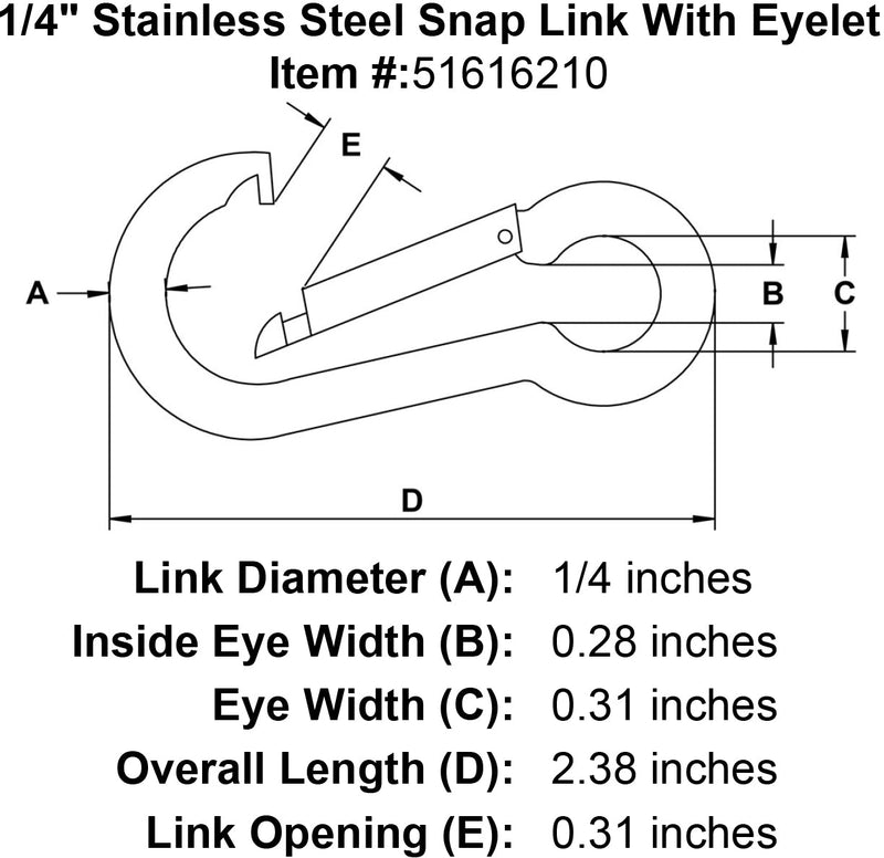 quarter inch stainless snap link eyelet specification diagram