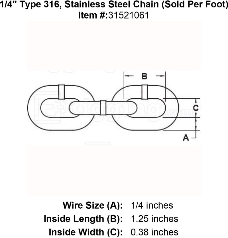 quarter inch stainless steel 316 chain specification diagram