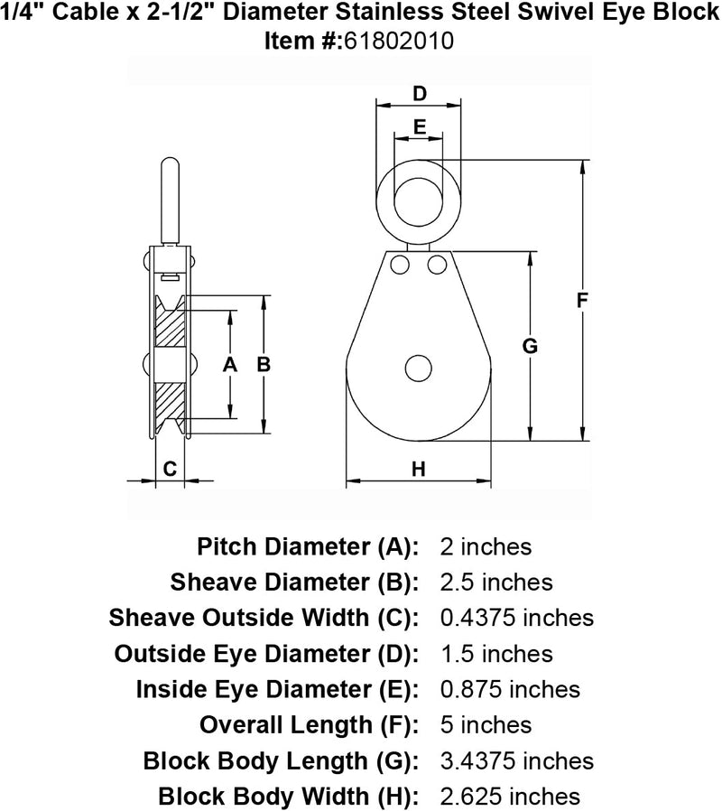 quarter inch stainless swivel eye block specification diagram