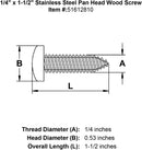 quarter inch x one and one half inch stainless pan head screw ten specification diagram