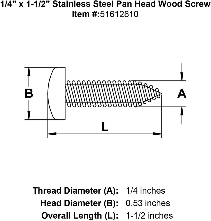 quarter inch x one and one half inch stainless pan head screw ten specification diagram