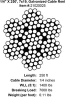 quarter x 250 foot galvanized cable specification diagram