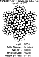 quarter x 5000 foot galvanized cable specification diagram
