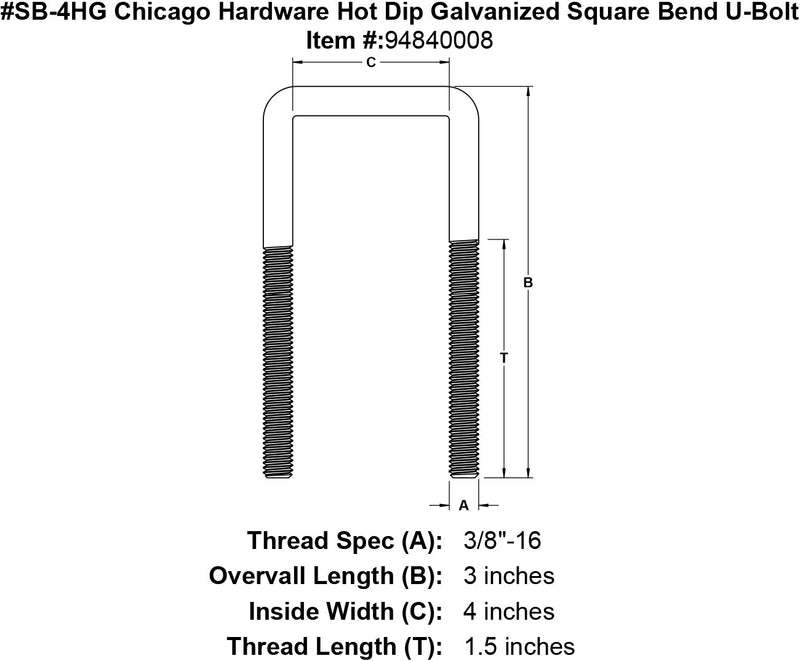 sb 4hg chicago hardware hot dip galvanized square bend u bolt specification diagram