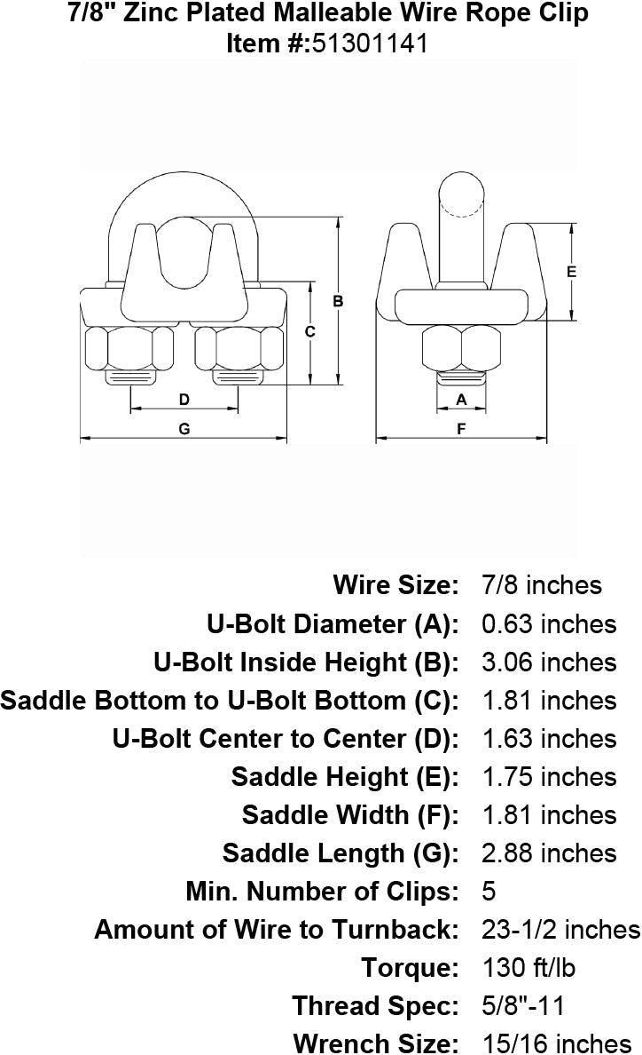 seven eighths inch Malleable Wire Rope Clip specification diagram