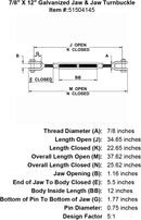 seven eighths inch X 12 inch Jaw Jaw Turnbuckle specification diagram