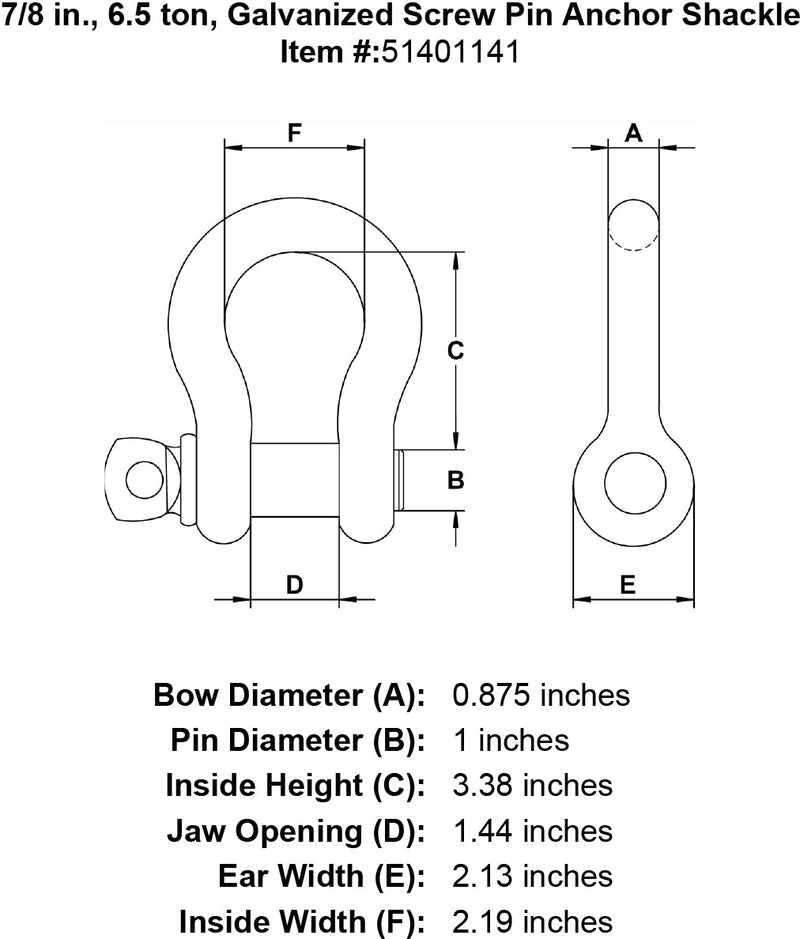 seven eighths inch screw pin shackle specification diagram