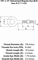 seven eighths inch x 12 inch eyebolt specification diagram