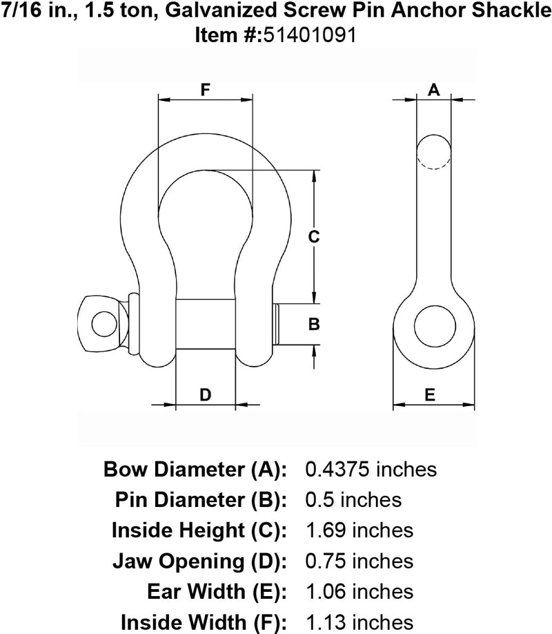 seven sixteenth inch screw pin shackle specification diagram