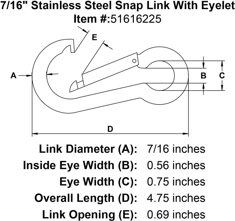 seven sixteenths inch stainless snap link eyelet specification diagram