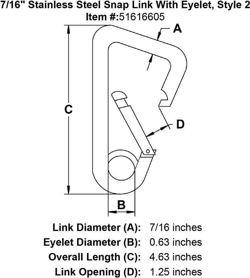 seven sixteenths inch stainless snap link eyelet style two specification diagram