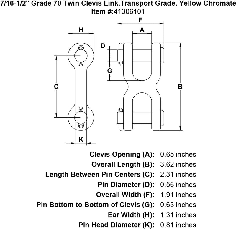 seven sixteenths one half inch Grade 70 Twin Clevis Link specification diagram