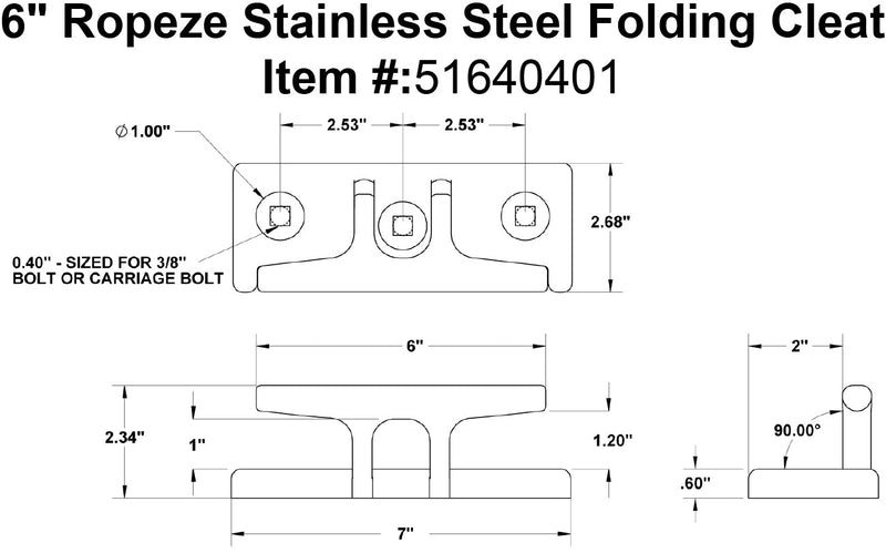 six inch ropeze stainless folding cleat specification diagram