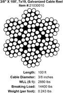 three eighths X 100 foot Galvanized Cable specification diagram