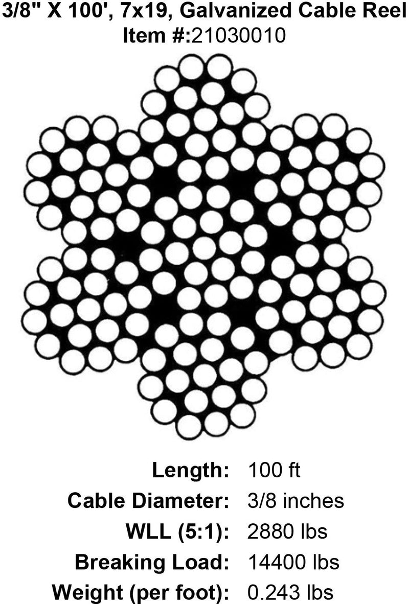 three eighths X 100 foot Galvanized Cable specification diagram