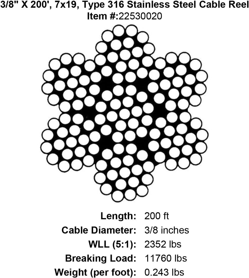 three eighths X 200 foot Grade 316 Stainless Cable specification diagram