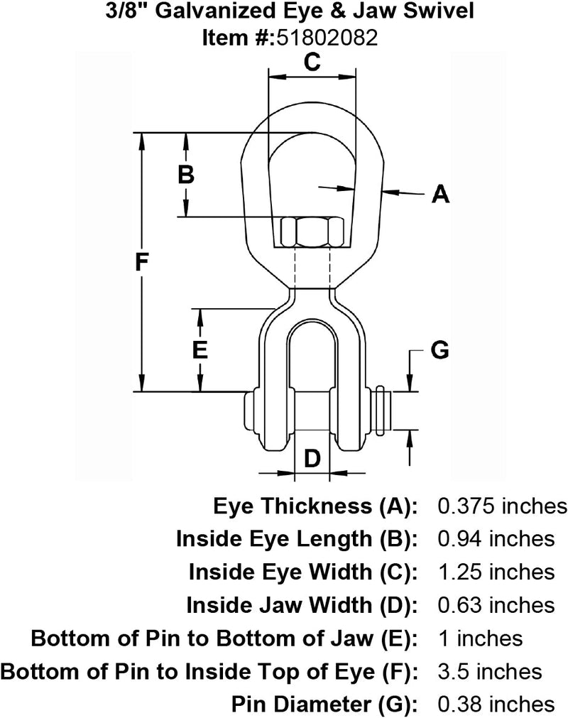 three eighths inch Eye Jaw Swivel specification diagram