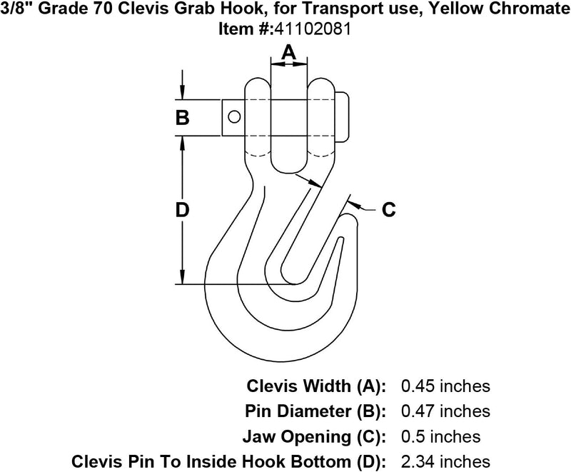 three eighths inch Grade 70 Clevis Grab Hook specification diagram