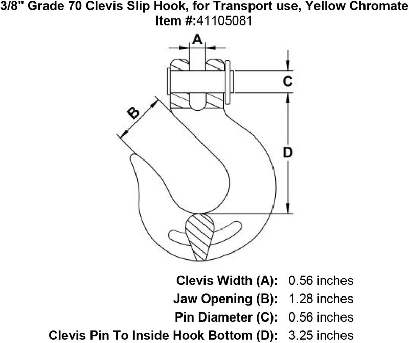 three eighths inch Grade 70 Clevis Slip Hook specification diagram