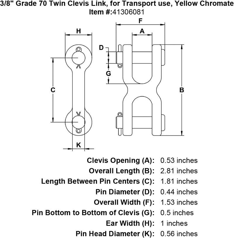three eighths inch Grade 70 Twin Clevis Link specification diagram