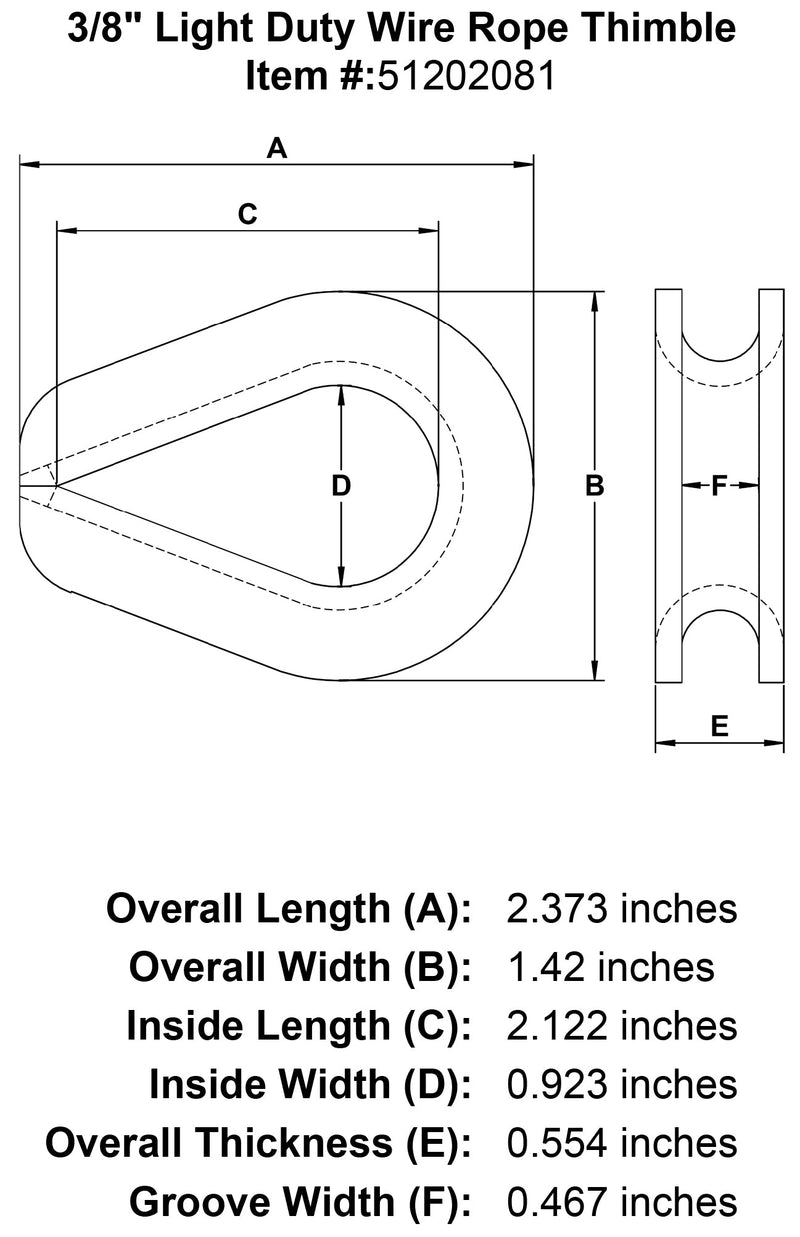 three eighths inch Light Duty Wire Rope Thimble specification diagram