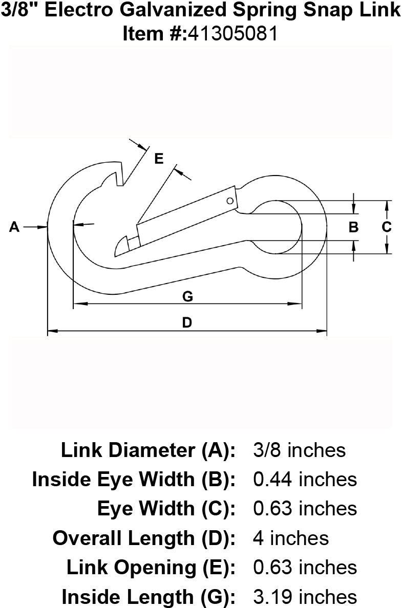 three eighths inch Snap Link specification diagram
