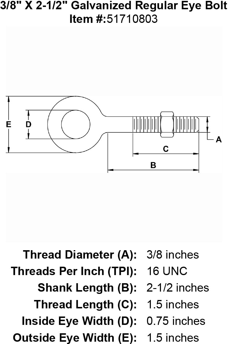 three eighths inch X 2 half inch Eyebolt specification diagram
