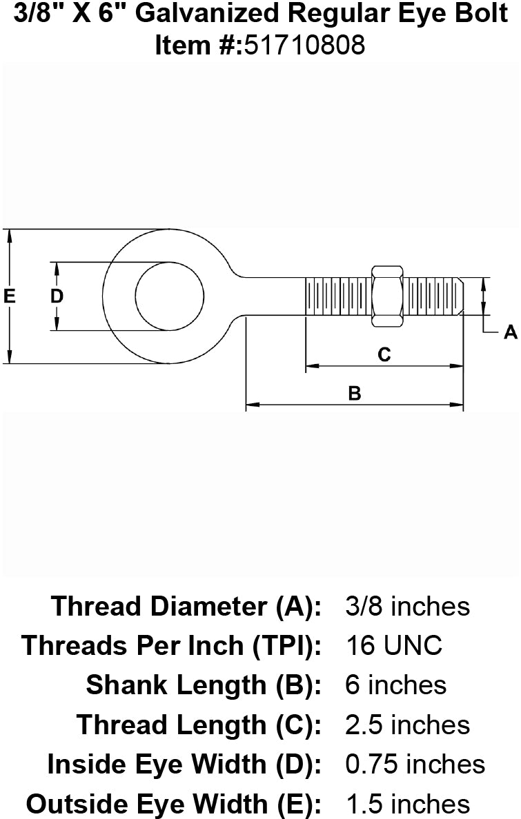 three eighths inch X 6 inch Eyebolt specification diagram