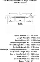 three eighths inch X 6 inch Hook Eye Turnbuckle specification diagram