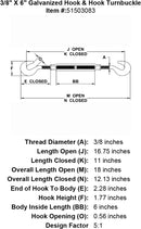 three eighths inch X 6 inch Hook Hook Turnbuckle specification diagram
