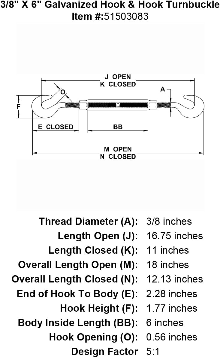 three eighths inch X 6 inch Hook Hook Turnbuckle specification diagram