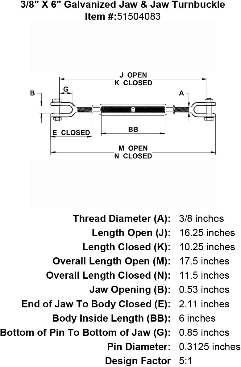 three eighths inch X 6 inch Jaw Jaw Turnbuckle specification diagram