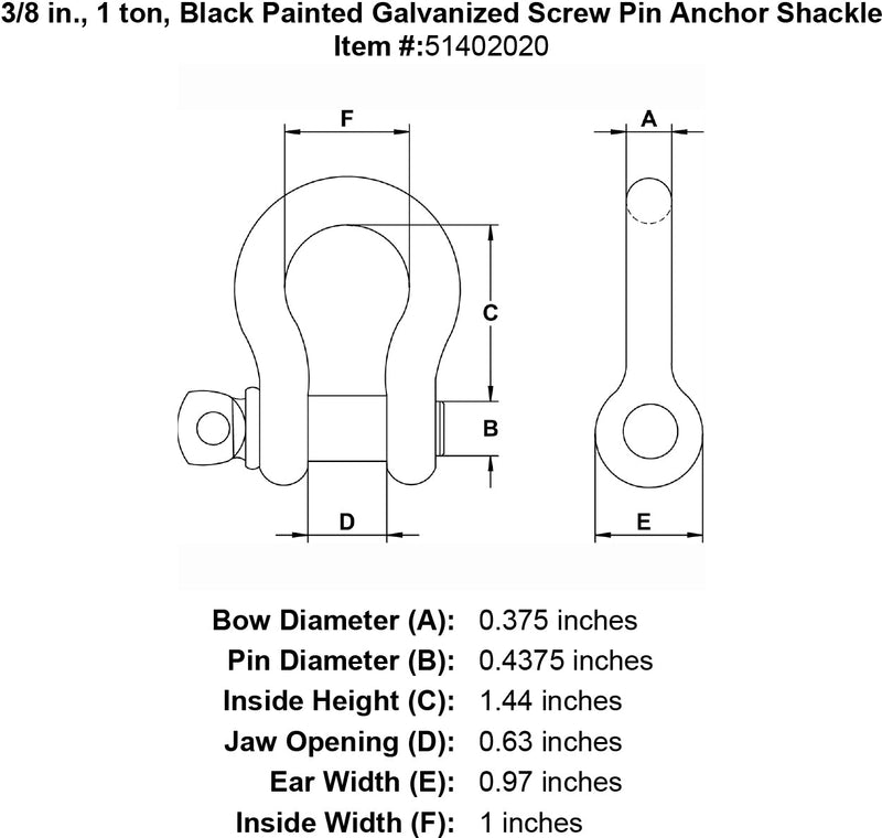 three eighths inch black screw pin shackle specification diagram