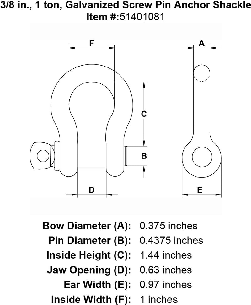 three eighths inch screw pin shackle specification diagram